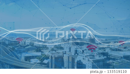 Flowing white dotted data stream overlaying urban cityscape during daytime, with red Wi-Fi icons Flowing white dotted data stream overlaying urban cityscape during daytime, with red Wi-Fi icons 133519110