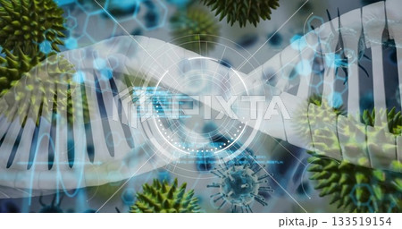 Floating DNA double helix extending across virtual lab, with circular HUD and virus particles Floating DNA double helix extending across virtual lab, with circular HUD and virus particles 133519154