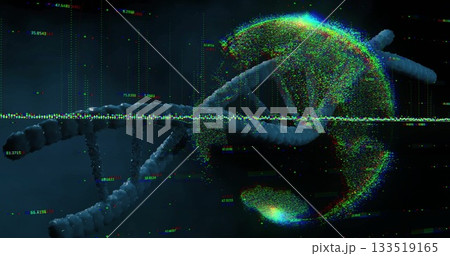 Twisting DNA helix turning through data space with particle field and data line with numeric labels 133519165