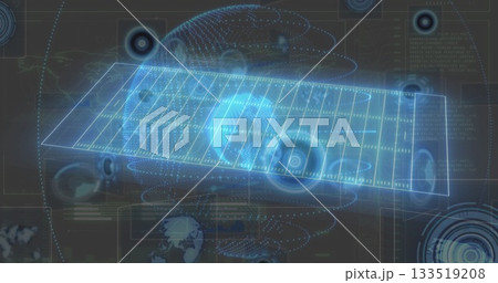 Displaying holographic grid floating at control center, with glowing sphere and circular HUD rings 133519208