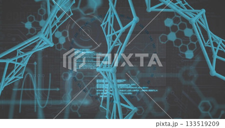 Visualizing light-blue 3D lattice twisting through interface, with hex grids, gauges, code blocks 133519209
