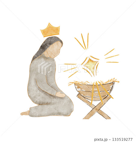 Kneeling Mary beside a manger, crown and a glowing golden star. Hand-painted watercolor nativity illustration isolated on white, scene ideal for Christmas cards, devotionals, and holiday designs 133519277