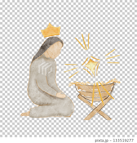 Kneeling Mary beside a manger, crown and a glowing golden star. Hand-painted watercolor nativity illustration isolated on white, scene ideal for Christmas cards, devotionals, and holiday designs 133519277