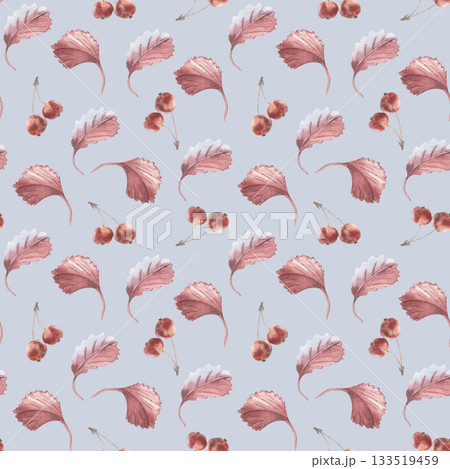 Monochrome Botanical Crab apple Repeat Pattern. Watercolor seamless pattern with red apples and autumn leaves on soft blue background. Hand painted vintage repeat texture for seasonal textile. Monochrome Botanical Crab apple Repeat Pattern. Watercolor seamless pattern with red apples and autumn leaves on soft blue background. Hand painted vintage repeat texture for seasonal textile. 133519459