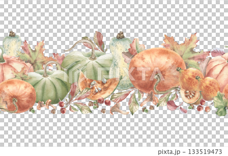 Botanical Pumpkin watercolor seamless border isolated. Pumpkins, crab apples and maple leaves banner neutral fall palette. Hand drawn repeat for farm packaging labels and autumn home decor accents. 133519473