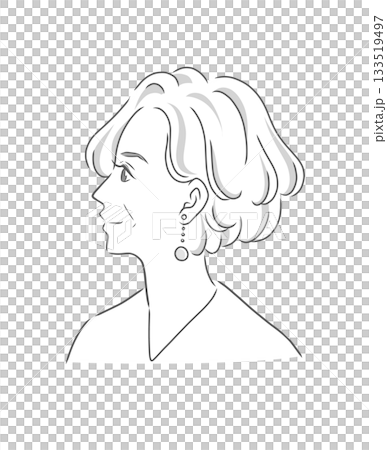 ショートヘアのきれいなシニア女性の横顔の白黒イラスト 133519497