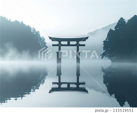 霧の湖に浮かぶ鳥居のシルエット4 133519551