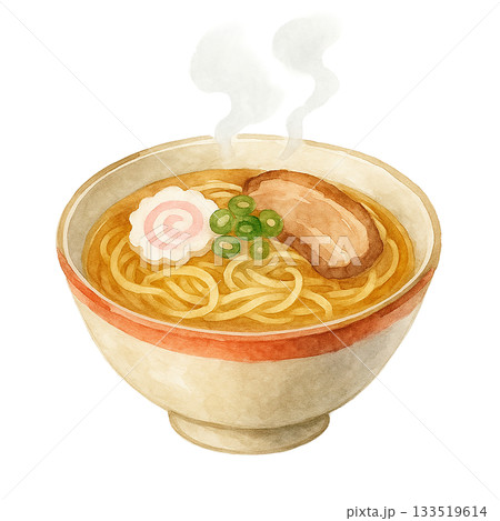水彩で描いた湯気の立っているラーメン 133519614