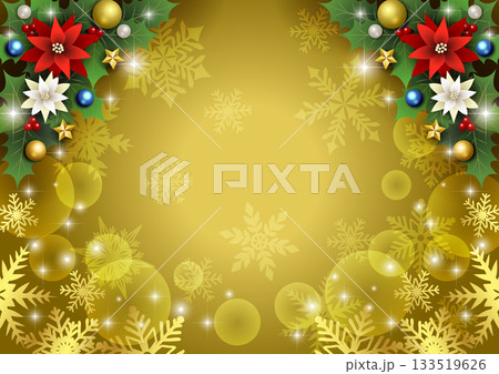 クリスマス背景、下雪の結晶、金、ポインセチア、上柊、かわいい、イラスト、横 133519626