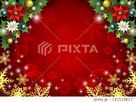 クリスマス背景、下雪の結晶、赤、ポインセチア、上柊、かわいい、イラスト、横 133519627