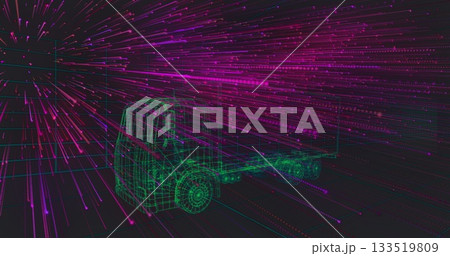 Floating wireframe semi-truck rising above virtual grid with neon data stream streaks, copy space 133519809