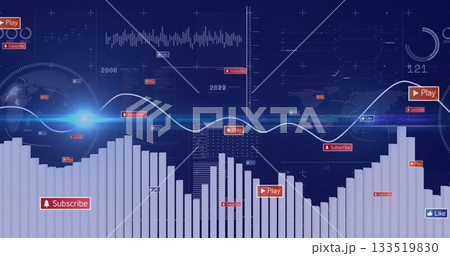 Displaying dashboard on dark grid showing waveform graph timeline markers Play Subscribe Like icons Displaying dashboard on dark grid showing waveform graph timeline markers Play Subscribe Like icons 133519830