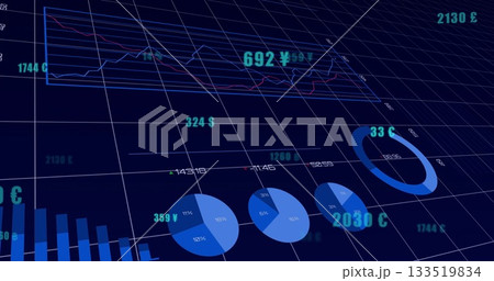 Displaying financial charts on 3D grid plane in virtual dashboard, with currency labels Displaying financial charts on 3D grid plane in virtual dashboard, with currency labels 133519834