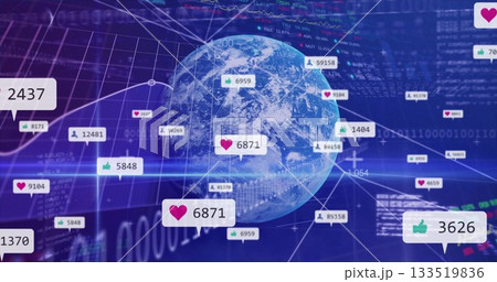 Rotating 3D Earth globe showcasing network dashboard, with binary code and social media pop-ups Rotating 3D Earth globe showcasing network dashboard, with binary code and social media pop-ups 133519836