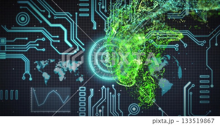 Swirling neon green vortex overlaying circuitry on digital interface, with HUD target, copy space Swirling neon green vortex overlaying circuitry on digital interface, with HUD target, copy space 133519867