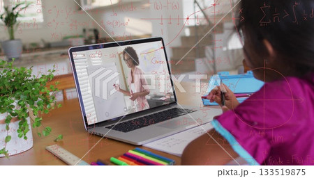 Watching online lesson, girl wearing sleeveless top writing in notebook at home, with laptop pen 133519875