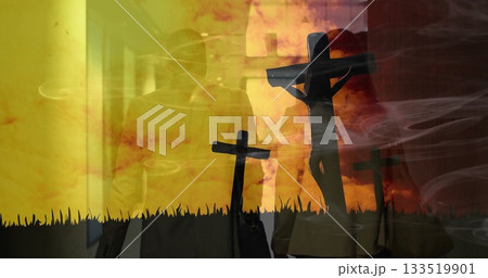 Walking two colleagues wearing coats down long corridor, carrying shoulder bags with crosses, smoke 133519901