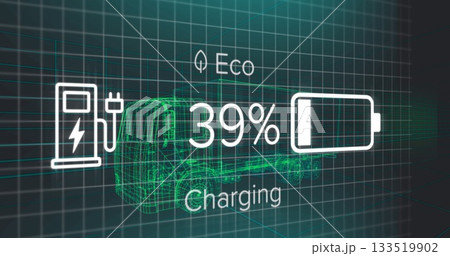 Wireframe electric truck charging in grid, with Eco icon showing 39% battery icon and station icon 133519902