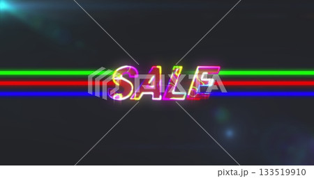 Neon SALE text glitching in dark digital graphic environment, with RGB stripes and lens flares Neon SALE text glitching in dark digital graphic environment, with RGB stripes and lens flares 133519910