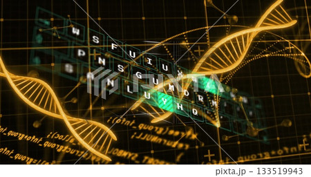 Floating random-letter keyboard grid hovering in data network with DNA helix and circuit chip Floating random-letter keyboard grid hovering in data network with DNA helix and circuit chip 133519943
