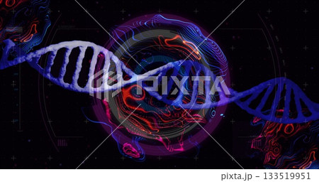 Screen showing glowing DNA helix on digital display, with HUD overlays, contour and grid markers Screen showing glowing DNA helix on digital display, with HUD overlays, contour and grid markers 133519951