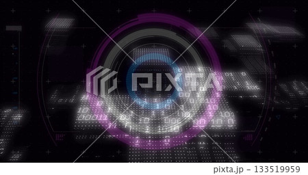 Overlaying digital display, circular interface featuring concentric rings and binary code grid Overlaying digital display, circular interface featuring concentric rings and binary code grid 133519959