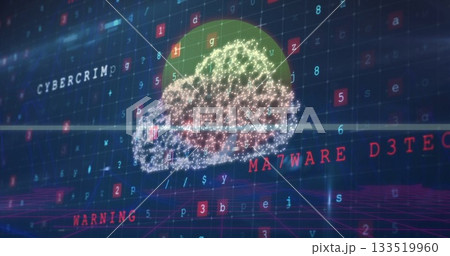 Floating stylized data cloud glowing over 3D grid plane, with red warning text and floating code 133519960