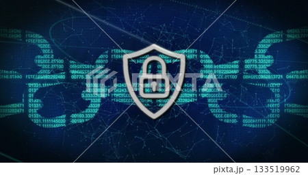 Glowing shield showing padlock symbol on dark blue field, with code streams and network mesh Glowing shield showing padlock symbol on dark blue field, with code streams and network mesh 133519962