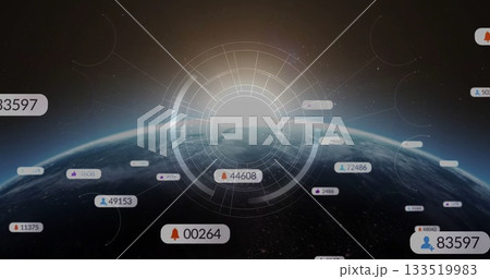 Displaying Earth horizon arc glowing over starfield, with circular HUD interface and badge counters Displaying Earth horizon arc glowing over starfield, with circular HUD interface and badge counters 133519983