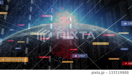 Displaying digitally rendered globe streaming code in virtual cyberspace, with floating UI panels Displaying digitally rendered globe streaming code in virtual cyberspace, with floating UI panels 133519988