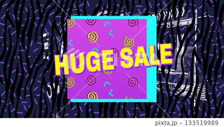 Displaying bold yellow huge sale on purple turquoise squares in website banner with zebra stripes Displaying bold yellow huge sale on purple turquoise squares in website banner with zebra stripes 133519989