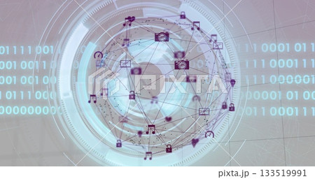 Floating 3D sphere connecting icons on UI, with padlock, camera, music, envelope, pin, headset Floating 3D sphere connecting icons on UI, with padlock, camera, music, envelope, pin, headset 133519991