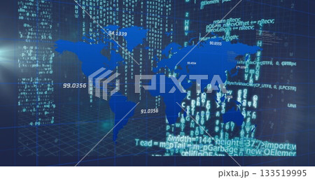 Displaying stylized world map silhouette over 3D grid in holographic display, with code streams Displaying stylized world map silhouette over 3D grid in holographic display, with code streams 133519995