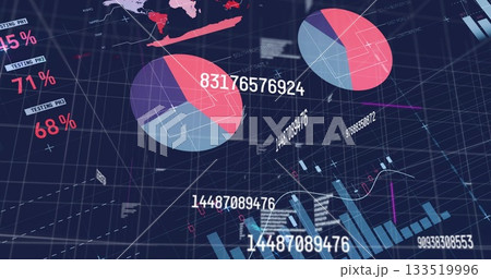 Large multicolored pie chart displaying data in dashboard, with world map heatmap, copy space Large multicolored pie chart displaying data in dashboard, with world map heatmap, copy space 133519996