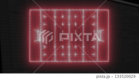 Red neon panel grid glowing in terminal, with hex overlay, starburst glints and dark code backdrop 133520029