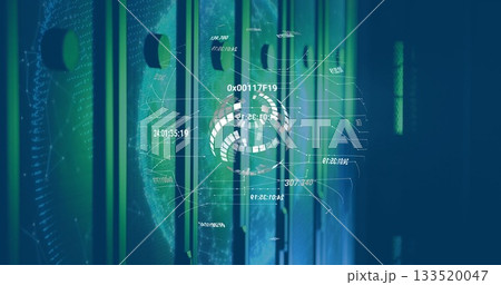 Projecting data rings and codes, hologram interface lighting server room racks with green blue glow 133520047