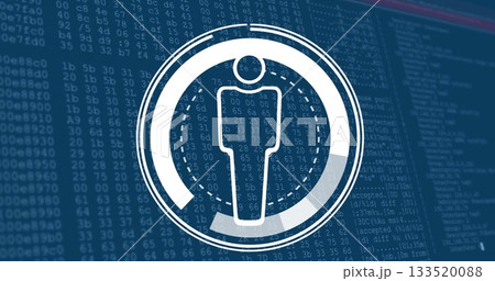 Displaying white human icon pulsing in concentric rings on security dashboard, with code overlay 133520088