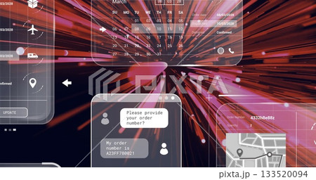 Dashboard panels showing calendar, shipping icons, update button, chat and map in red pink tunnel 133520094