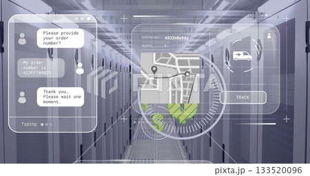 Panel showing map pins in data center corridor, with order card, track button with van icon 133520096