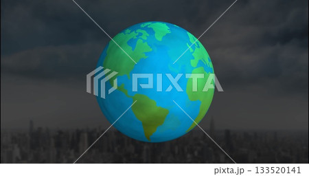 Floating stylized Earth globe above blurred city skyscraper silhouettes under dark storm clouds Floating stylized Earth globe above blurred city skyscraper silhouettes under dark storm clouds 133520141
