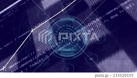 Displaying fingerprint icon scanning on interface, with HUD, grid, graph, code and hovering icons Displaying fingerprint icon scanning on interface, with HUD, grid, graph, code and hovering icons 133520155