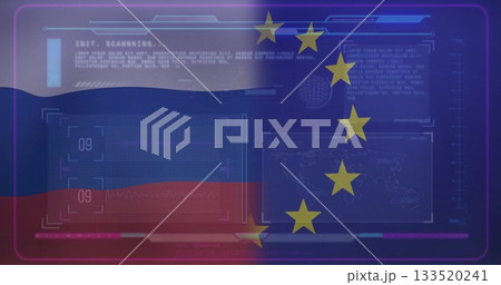 Displaying scanning interface over split Russia and EU flags, showing scanning code and world map Displaying scanning interface over split Russia and EU flags, showing scanning code and world map 133520241