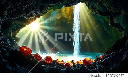 Hidden Cave with Waterfall and Sparkling Ruby Crystals Hidden Cave with Waterfall and Sparkling Ruby Crystals 133520672