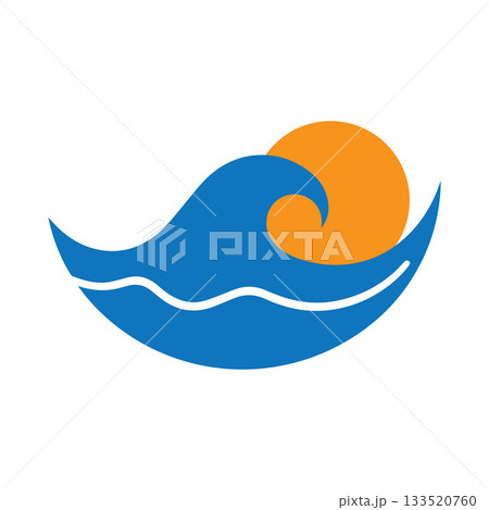 Strong Bold Wave Crest Under An Outlined Sun With Spaced Rays 133520760