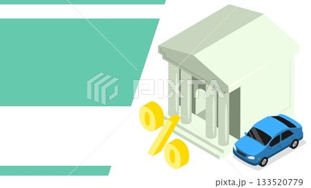 Isometric bank advertising banner for car loans and leasing. Cartoon 3D vector concept on white green background 133520779