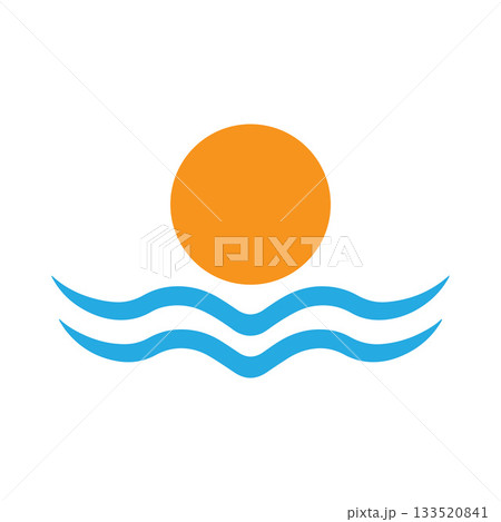 Vintage Thick-Line Wave And Sun Logo With Symmetrical Balance 133520841