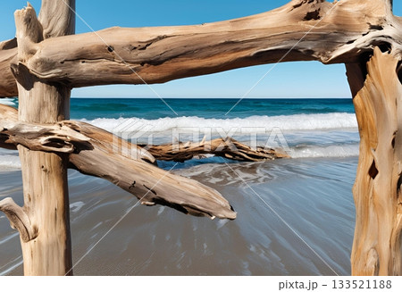 Driftwood frames ocean view, sandy beach, blue sky. AI Generated 133521188
