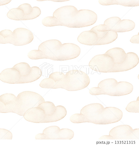 Soft Beige Clouds watercolor seamless pattern isolated. Gentle cloud repeat in warm beige tones. Design for baby textile, nursery wallpaper and bedding. Delicate neutral background with clouds. Soft Beige Clouds watercolor seamless pattern isolated. Gentle cloud repeat in warm beige tones. Design for baby textile, nursery wallpaper and bedding. Delicate neutral background with clouds. 133521315