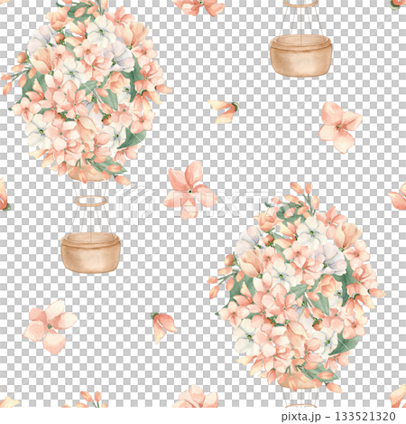 Peach Floral Balloon watercolor seamless pattern isolated. Hand painted air ship with little pink flowers in soft pastel. Repeat background for baby nursery wallpaper, textile. Sweet baby pattern. Peach Floral Balloon watercolor seamless pattern isolated. Hand painted air ship with little pink flowers in soft pastel. Repeat background for baby nursery wallpaper, textile. Sweet baby pattern. 133521320