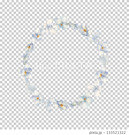 Delicate Light Blue Floral Wreath watercolor isolated. Round frame of hand painted blue flowers, buds, leaves. Baby shower greeting cards with tiny blooms. Pastel floral wreath drawing for scrapbook. Delicate Light Blue Floral Wreath watercolor isolated. Round frame of hand painted blue flowers, buds, leaves. Baby shower greeting cards with tiny blooms. Pastel floral wreath drawing for scrapbook. 133521322